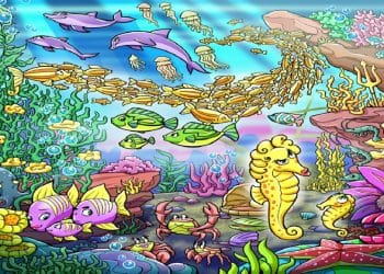 Teste visual com um desenho de animais marinhos como golfinhos, peixes, cavalos-marinhos e corais em um recife subaquático
