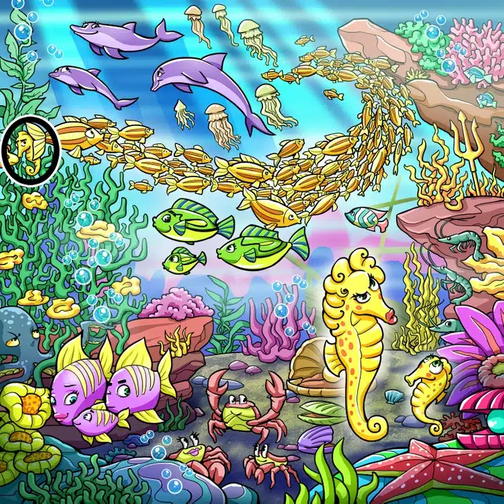 Teste visual com um desenho de animais marinhos como golfinhos, peixes, cavalos-marinhos e corais em um recife subaquático