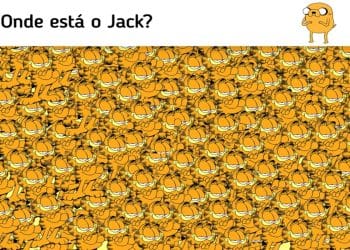 Teste visual com vários personagens Garfield em tons de laranja e amarelo, desafiando a encontrar o personagem Jack