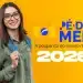 Estudante sorrindo com mochila, em fundo amarelo, promovendo o programa Pé-de-Meia 2026.