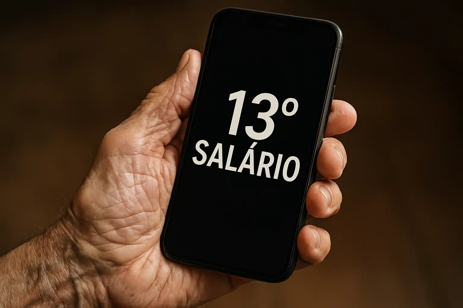 Mão segura celular que mostra a frase “13º salário” na tela em fundo escuro.