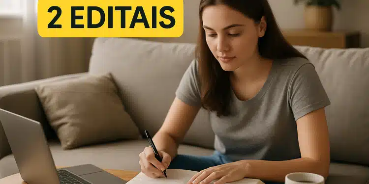 Mulher estudando em casa com notebook, livros e caneca ao lado, texto '2 editais' destacado.