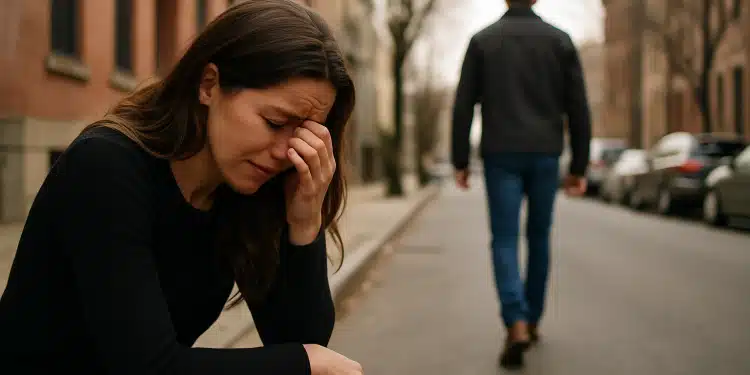 Mulher sentada chorando na calçada enquanto um homem se afasta.