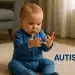 Bebê sentado no tapete olhando para as próprias mãos com expressão de concentração, ao lado da palavra 'AUTISMO' e ícone de quebra-cabeça colorido.