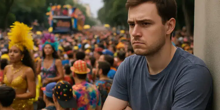 Homem sério encostado em uma parede durante um bloco de carnaval lotado.