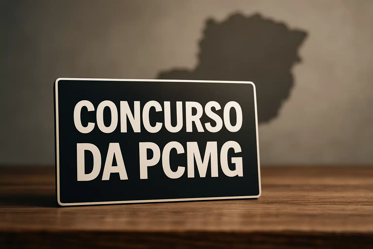 Placa com os dizeres 'Concurso da PCMG' sobre uma mesa.