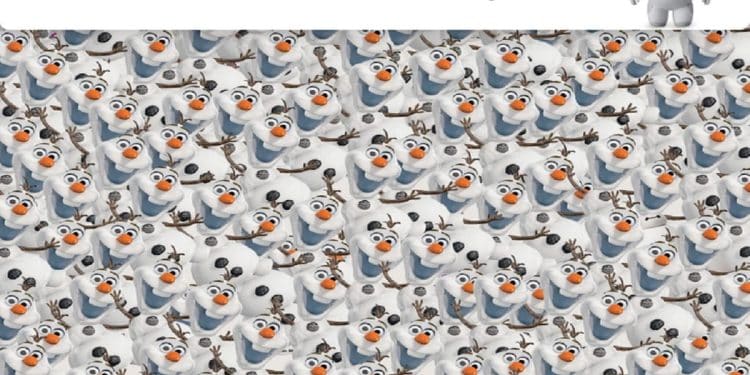 Desfio visual com diversos personagens Olaf juntos, dificultando encontrar o Baymax escondido entre eles