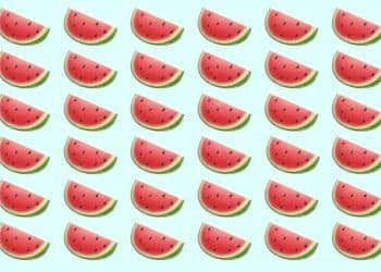 Desafio visual com diversas fatias de melancia organizadas em fileiras, com uma diferente entre elas.