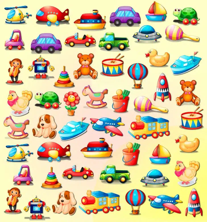 Desafio de percepção com diversos brinquedos espalhados, incluindo carros, aviões, ursos, cachorros e barcos, sobre fundo amarelo.