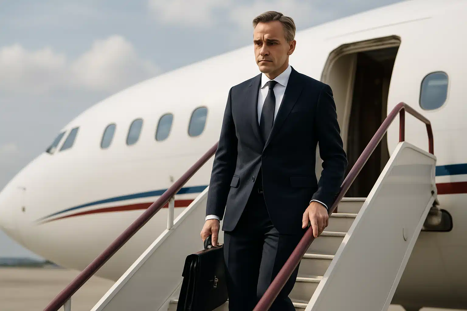 Homem de terno descendo do avião.