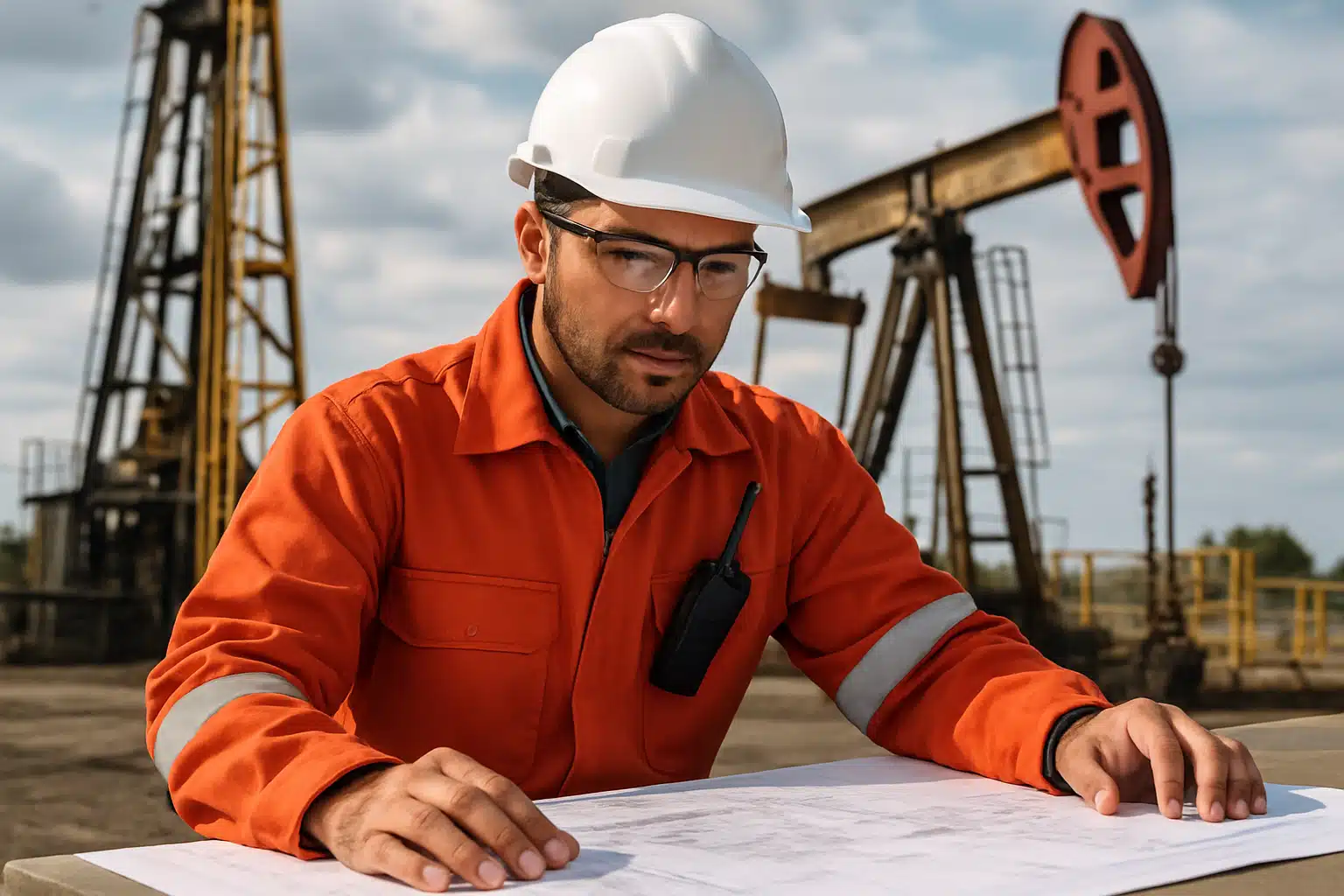Engenheiro de petróleo analisando plantas em campo de petróleo
