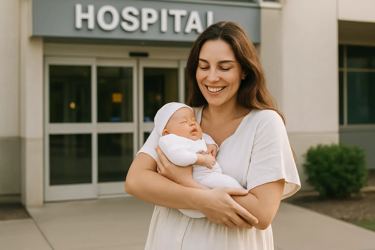 Mulher sorridente segurando bebê de colo, ambos de branco, em frente a hospital.