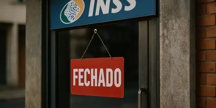 Placa vermelha escrito "fechado" pendurada na porta de unidade do INSS.