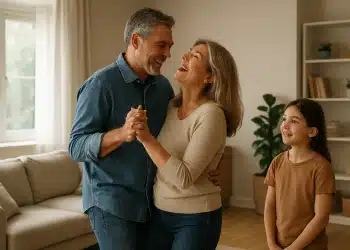Casal dançando sorridente na sala com uma criança observando.