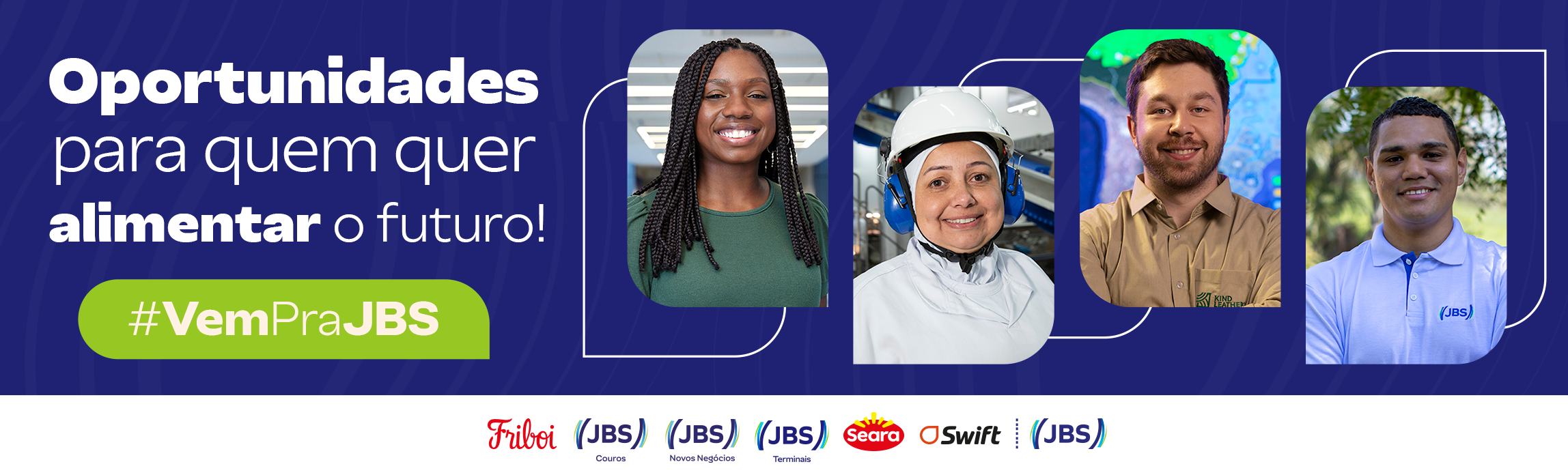 Pessoas diversas sorrindo, incluindo mulher com capacete e colaboradores uniformizados JBS, diante de fundo institucional.