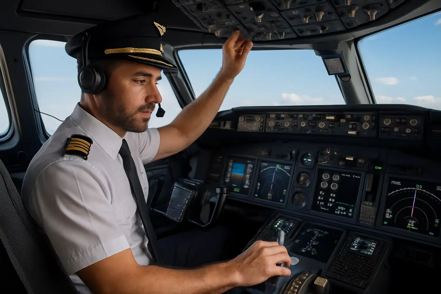 Piloto operando painel de controle em cabine de avião.