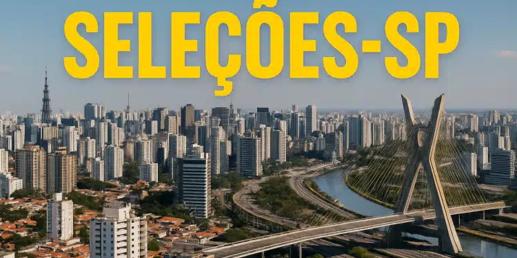 Vista aérea de São Paulo com destaque para a Ponte Estaiada e o texto 'Seleções-SP'.