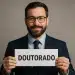 Homem sorridente de terno segurando placa com a palavra 'Doutorado'.