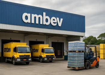 Empilhadeira transportando carga de bebidas enquanto caminhões amarelos aguardam no galpão da Ambev.