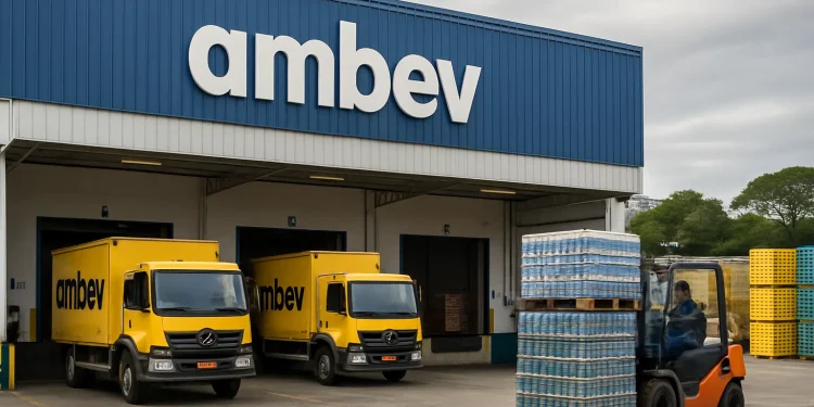 Empilhadeira transportando carga de bebidas enquanto caminhões amarelos aguardam no galpão da Ambev.