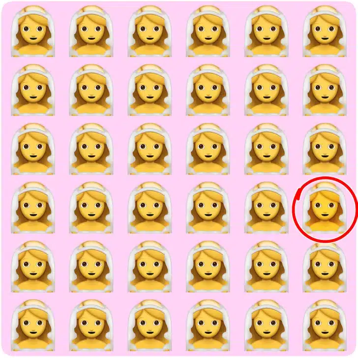 Desafio visual com diversos emojis de noivas organizados em linhas e uma delas apresenta visual diferente