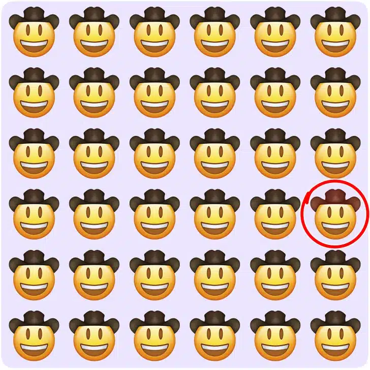 Desafio visual com diversos emojis de cowboy sorrindo, um deles com chapéu marrom mais escuro