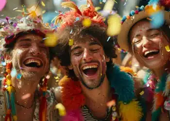 Foliões comemoram o Carnaval nas ruas do Rio com confetes, fantasias coloridas e clima de festa.