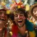 Foliões comemoram o Carnaval nas ruas do Rio com confetes, fantasias coloridas e clima de festa.