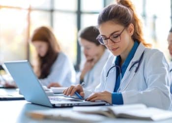 Estudantes de medicina analisando materiais de estudo em sala de aula com notebooks e jalecos.