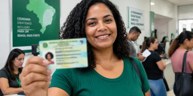 Mulher segura a nova Carteira de Identidade, representando o mutirão de emissão do documento com atendimento por ordem de chegada em Campo Grande.