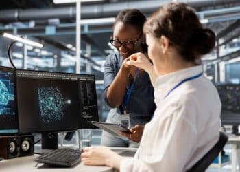 Duas mulheres em um escritório moderno de tecnologia celebram com um toque de mãos ("fist bump"). Uma delas, negra e com óculos, segura um tablet, enquanto a outra está sentada à frente de dois monitores que exibem gráficos de redes neurais e um cérebro digital.