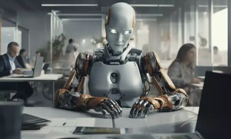 Robô sentado em mesa de escritório digitando em computador enquanto humanos trabalham ao fundo