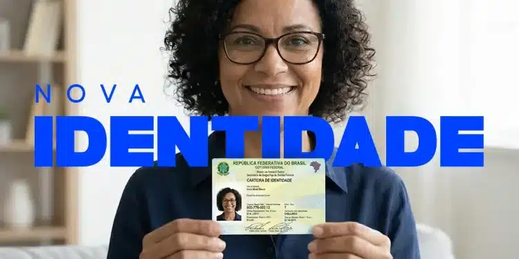 Mulher sorrindo enquanto segura a nova Carteira de Identidade Nacional do Brasil com a legenda 'Nova Identidade'.