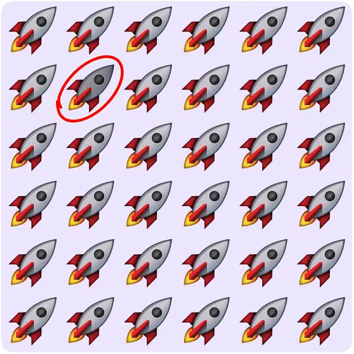 Sequência de foguetes idênticos com um foguete diferente para teste visual
