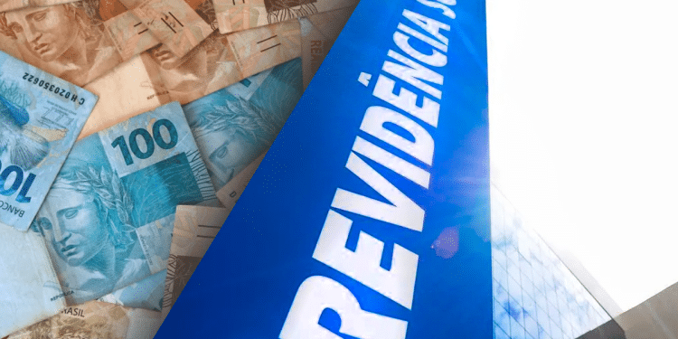 Fachada azul do prédio da Previdência Social ao lado de várias notas de real espalhadas.