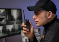 Vigilante utiliza rádio comunicador diante de monitores de segurança.