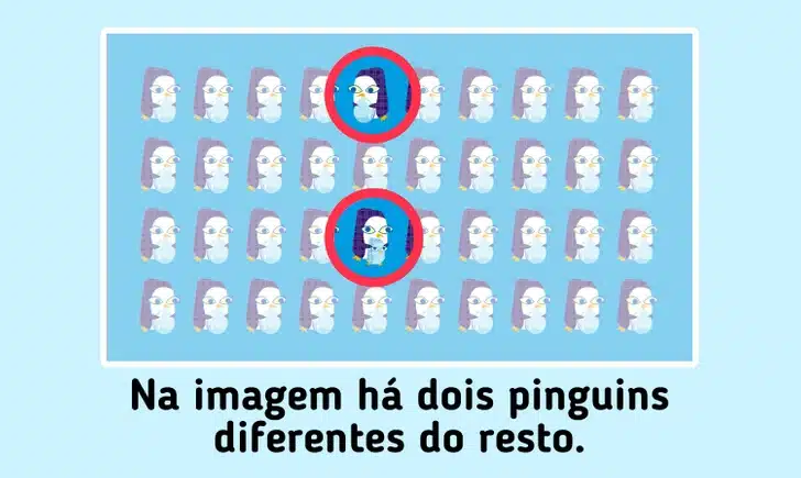 Desafio visual com vários pinguins alinhados com gorros roxos sobre fundo azul em desafio de percepção