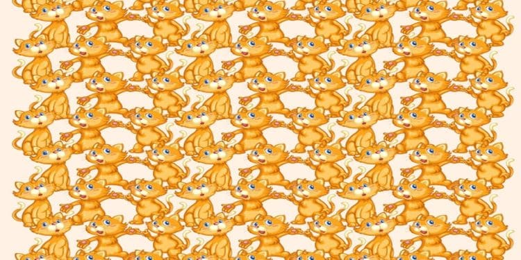 Ilusão de ótica com vários gatos laranja desenhados segurando patinhas em grupo, com um deles sem boca.