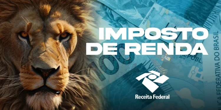 Leão com expressão séria ao lado de notas de cem reais e texto "Imposto de Renda".