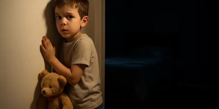 Menino assustado segurando um ursinho de pelúcia em um corredor escuro.