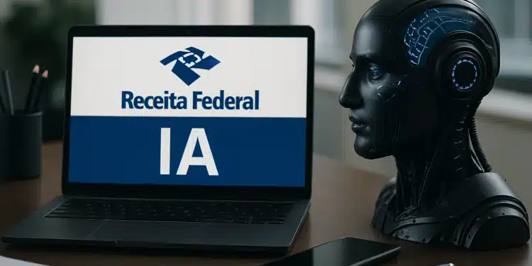 Notebook exibindo a logo da Receita Federal e as letras IA ao lado de um busto robótico.