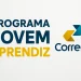 Logotipo dos Correios com texto Programa Jovem Aprendiz em fundo claro.