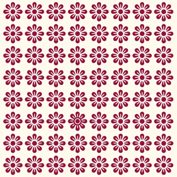 Teste visual com várias flores padronizadas e uma flor diferente centralizada entre elas