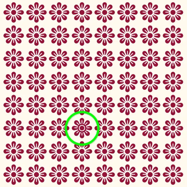 Teste visual com várias flores padronizadas e uma flor diferente centralizada entre elas