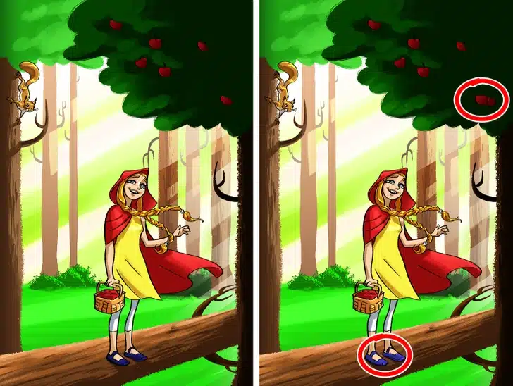 Teste visual com menina fantasiada segurando cesta em tronco de árvore com esquilo e maçãs