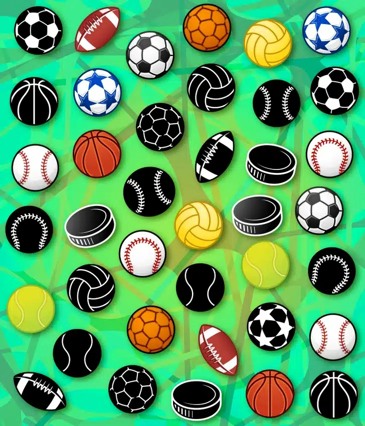 Teste de atenção com diversos tipos de bolas esportivas organizadas em padrão sobre fundo verde com formas abstratas.