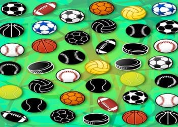 Teste de atenção com diversos tipos de bolas esportivas organizadas em padrão sobre fundo verde com formas abstratas.