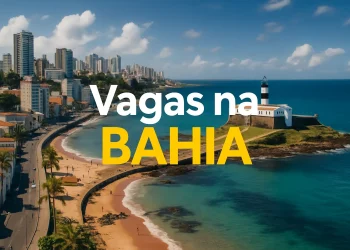Vista aérea de Salvador com o Farol da Barra e texto 'Vagas na Bahia'.