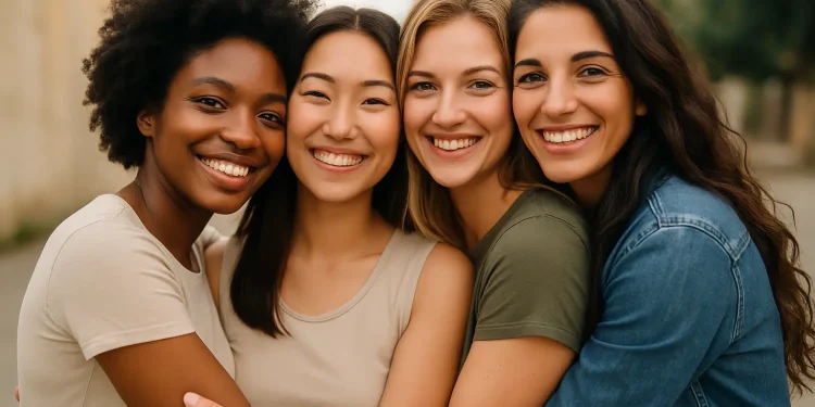 Quatro mulheres jovens sorrindo e se abraçando ao ar livre.