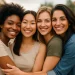 Quatro mulheres jovens sorrindo e se abraçando ao ar livre.